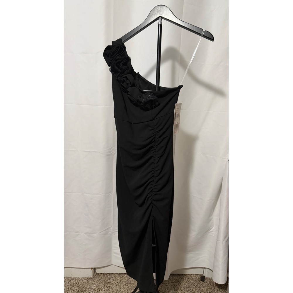 Honey and Rosie Black One Shoulder Rosette Ruched Cocktail Dress JFC3405 Women